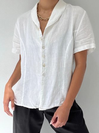 Casual Summer Cotton And Linen Plain Button Dwon White Blouse