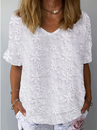 Women Summer Floral Lace White Linen Short Sleeve T-shirt