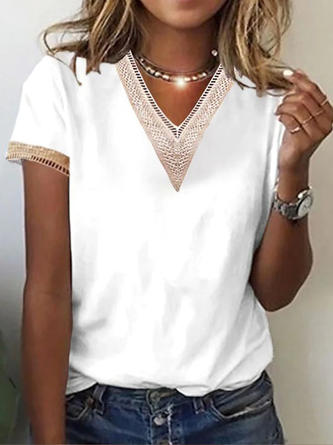 Women DailyHollow Out Lace V Neck White Short Sleeve Summer T-shirt