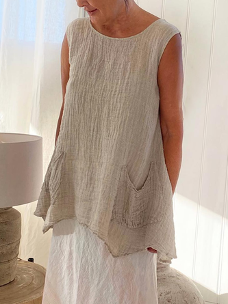 Women Pockets Asymmetrical Hem Khaki Sleeveness Cotton And Linen Tank Top