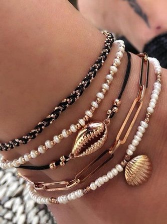 Boho Shell Pearl Layered Anklet Vacation Beach Everyday Jewelry