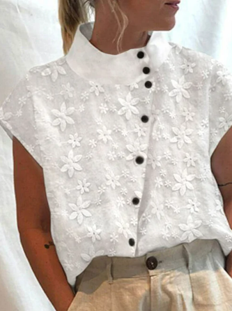 Women Plain Elegant Turtleneck Floral Lace Button Short Sleeve Cotton Linen Blouse