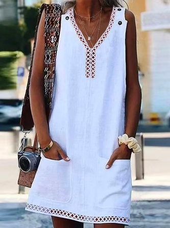 Women Hollow Out Lace V Neck Pockets White Sleeveless Dress