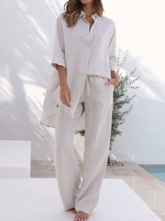 Comfy Lounge Outfits Casual Plain Suits Button Down 3/4 Sleeve Blouse and Pockets Pants Two-Piece Sets