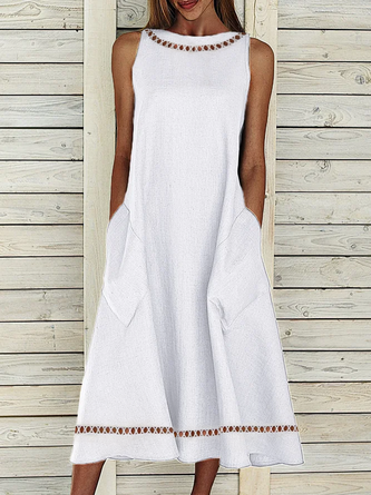 Women Summer Loose Casual Hollow Out Lace Pockets Sleeveless Linen White Dress