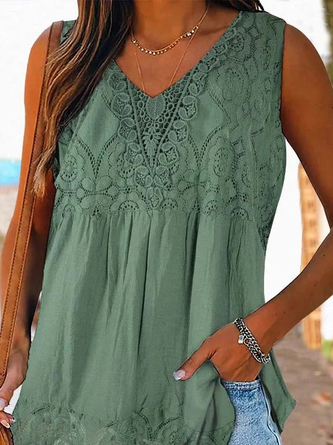 Casual Plain V Neck Lace Tank Top