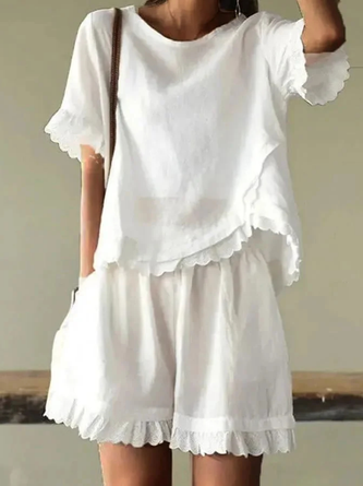 Summer Outfits Casual Plain Ruffled Linen Suits Short Sleeve Irregular Lace Shirt and Pockets Shorts Two-Piece Sets