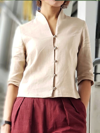 Linen Stand Collar Cotton And Linen Blouse