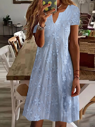 Women Elegant Lace Floral Casual V Neck Short Sleeve Blue Dress
