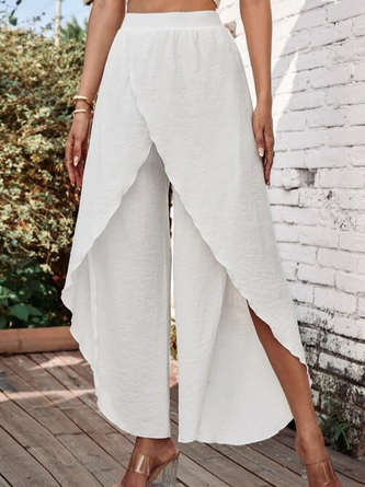 Women Solid Basic Casual Daily Yoga Ruffle Layered Culottes Wide Leg Pants Trousers 