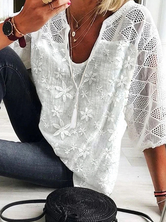 Women Casual V Neck Floral Hollow Out Lace White Half Sleeve Blouse