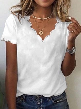 Women Casual V Neck Loose Short Sleeve Summer White T-Shirt
