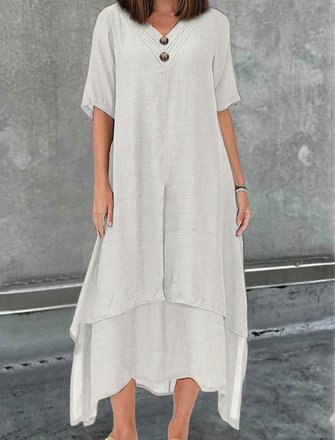 V Neck Plain Linen Cotton And Linen Dress