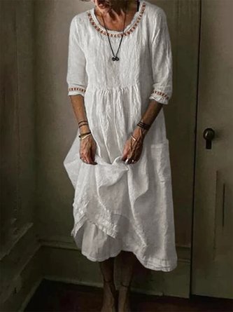 Women Hollow Out Lace Crew Neck Half Sleeve Cotton And Linen White Maxi Dress