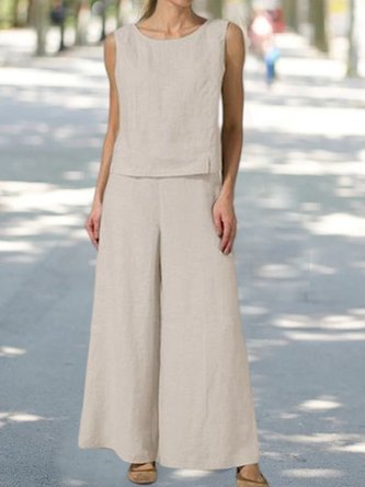 Summer Outfits Casual Plain Cotton and Linen Suits Sleeveless Tank Top and Pants Two-Piece Sets