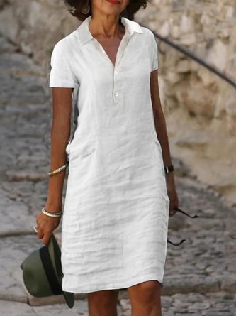 Linen Plain Shawl Collar Loose Summer Dress