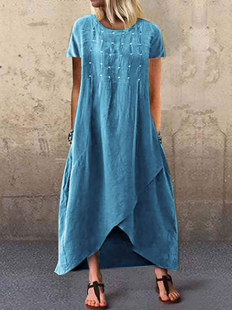 Cotton And Linen Loose Plain Linen Summer Dress