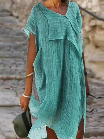 Women Casual V Neck Patchwork Summer Short Sleeve Cotton And Linen Loose Dress