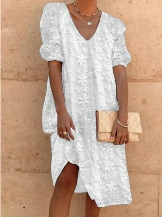 Summer Half Sleeve Floral Lace V Neck Elegant Cotton And Linen White Dress