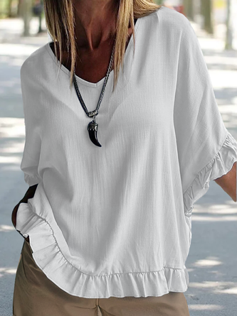 Women V Neck Loose Ruffle Hem  Half sleeve White Cotton And Linen Tunic Top
