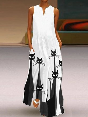 Cat Loose Casual Notched Summer Dress
