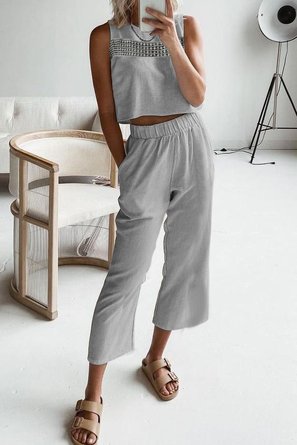 Casual Crew Neck Lace Edge Cotton And Linen Two-Piece Set