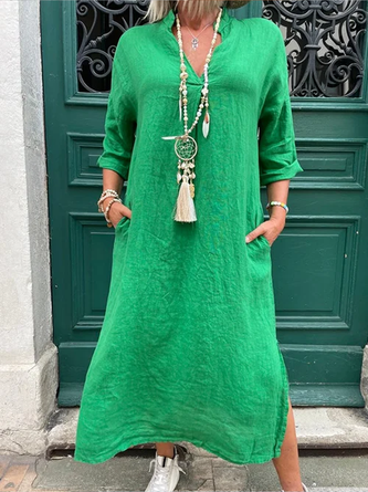 Women Casual Pockets V Neck 3/4 Sleeve Loose Green Cotton and Linen Split Maxi Dress