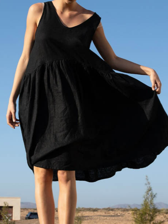 Crew Neck Plain Linen Cotton And Linen Dress