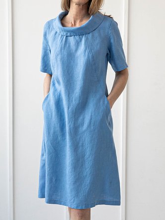 Women Casual Elegant Cowl Neck Pockets Half sleeve Cotton Linen Dress