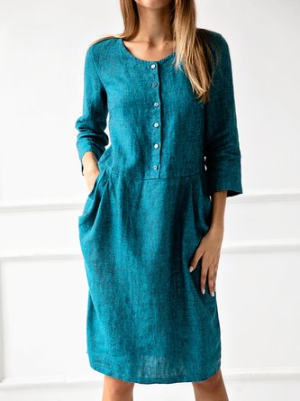 Casual Crew Neck Buttoned Cotton Dress