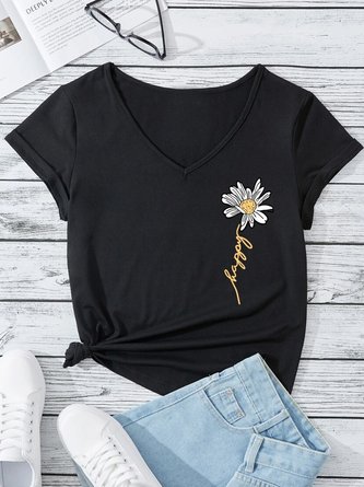 Women Casual Floral Daisy V Neck Black Short Sleeve Summer T-Shirt