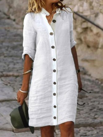 Women Casual Loose Three Quarter Sleeve Button Down Shirt Collar Plain Cotton and Linen Shirt Dress