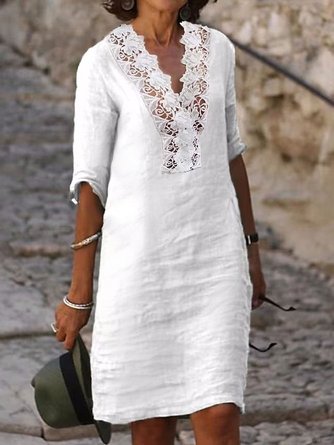 Women Elegant Lace Floral V Neck Half Sleeve Casual Vacation Cotton Linen White Dress
