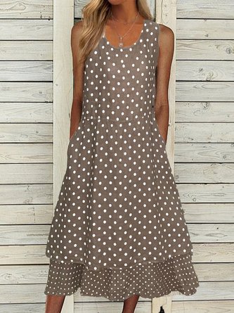 Women Polka Dots Sleeveless Summer Vacation Linen Cotton Midi Tank Dress