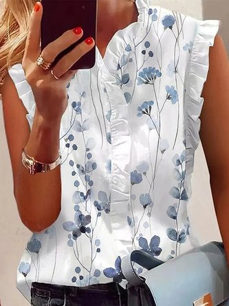 Women Elegant Floral Print Ruffled Trim Summer Camis Top