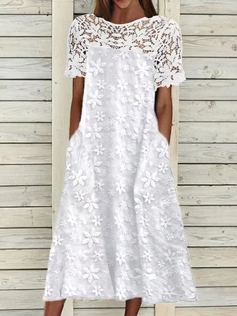 Women Elegant Plain Floral Lace Pocket Short Sleeve Dress