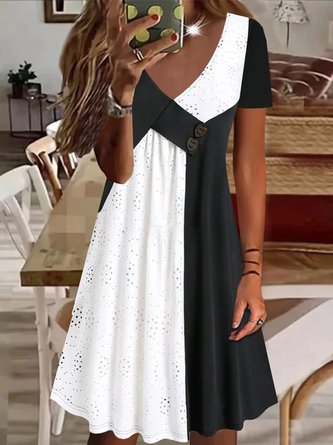 Casual V Neck Color-block Jersey Embroidery Dress