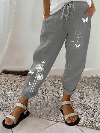 Women Casual Dandelion Floral Butterfly Loose Pockets Drawstring Waist Cotton And Linen Pants