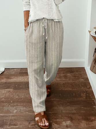 Women Casual Loose Pockets Striped Pants