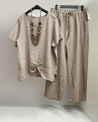 Summer Outfits Casual Plain Linen Suits Gathered Short Sleeve Shirt and Drawstring Wasit Trousers Pockets Pants Two-Piece Sets