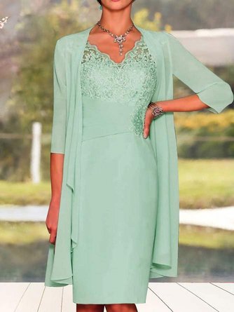 Elegant Plain Lace Stitching Vest Knitted Dress & Cardigan Two-piece Set