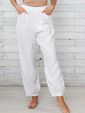 Women Casual Loose Pockets Elastic Waist Loose Plain Cotton Linen Pants
