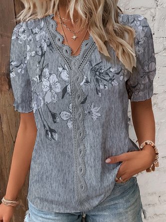 V Neck Lace Floral Casual Short Sleeve T-Shirt