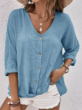 Women Plain V Neck Button Down Linen Three Quarter Sleeve Blouse