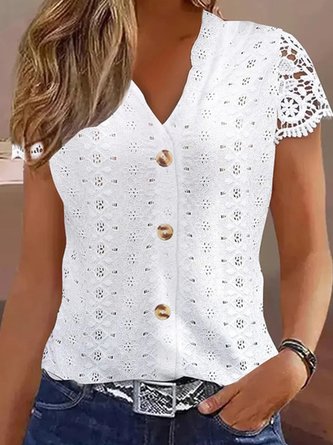 Loose Casual Lace V Neck Blouse