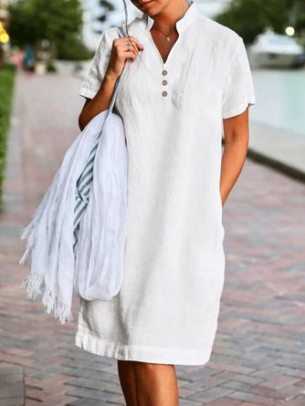 Women Casual Summer Daily Loose Button V Neck Short Sleeve White Dress
