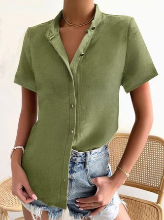 Women Elegant Shirt Collar Buttoned Down Loose Green Short Sleeve Blouse