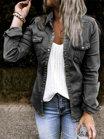 Plain Denim Long Sleeve Casual Shirt Collar Jacket