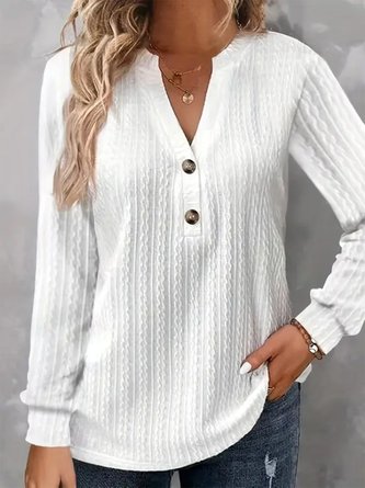 Womens Fall Long Sleeve T Shirt Buttons V Neck Solid Color Jacquard Pullover Blouse 
