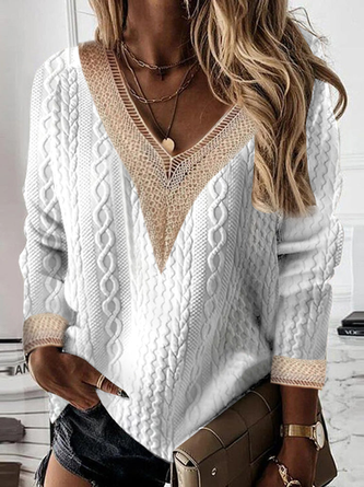 V Neck Casual Loose Lace Shirt